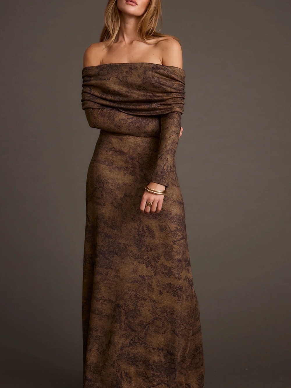 12th Tribe Hollis Mocha Blur Off the Shoulder Maxi Dress